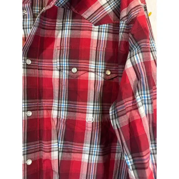 Roper Western Pearl Snap Button Down Shirt Red White Blue Plaid Mens LS L D36 - Picture 2 of 6